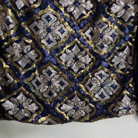 Miami Navy Gold Sequin Button Back Blouse Sz M - Picture 3 of 10